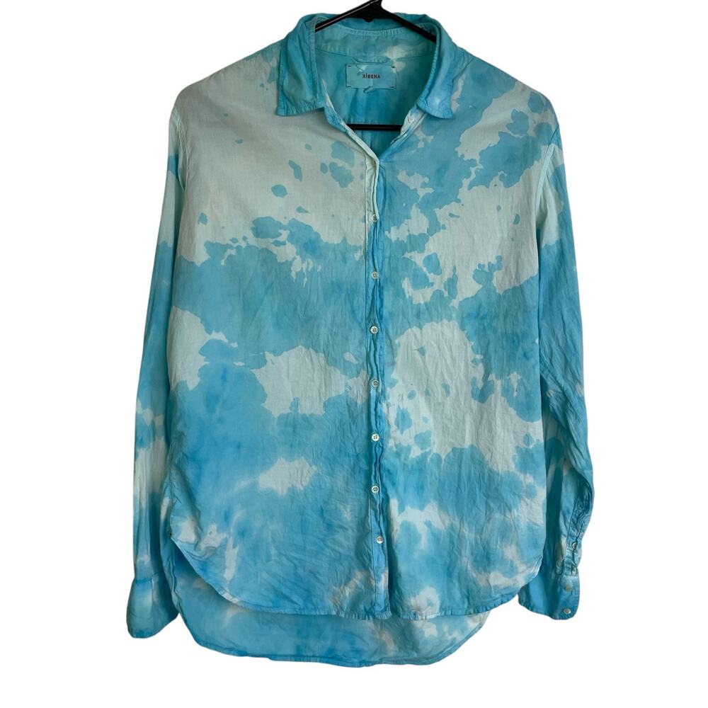 Xirena Shirt Womens XS Blue Long Sleeve Button Up Cotton Artsy USA *FLAW